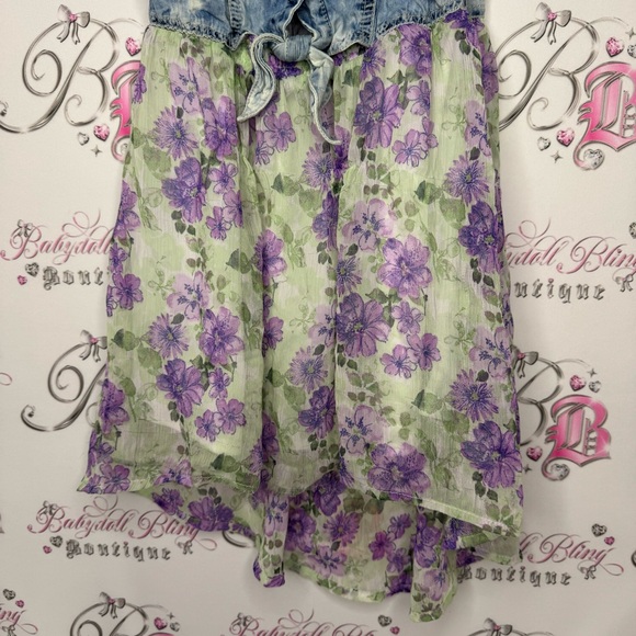 Guess dress high low denim look vest button up with floral skirt attached y2k - Picture 9 of 10